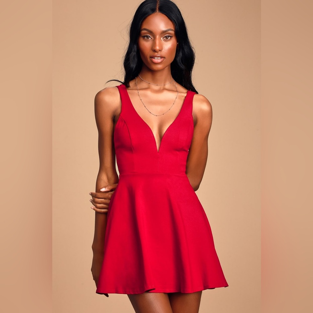 Lulu's Red V-Neck Mini Skater Dress - Picture 2 of 11